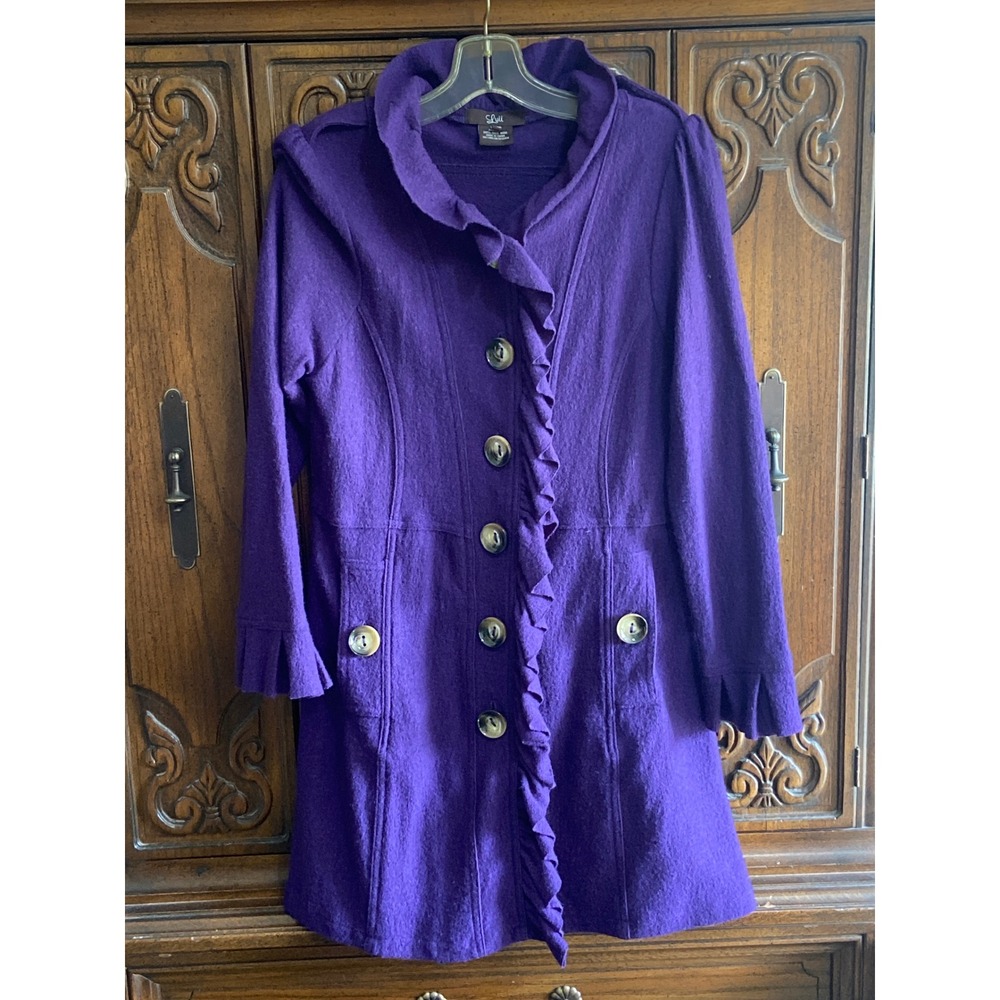 Luii Royal Purple Wool Ruffle Front Button Down Coat Jacket Womens Petite Medium